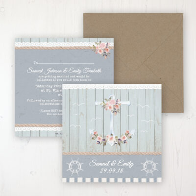 Anchored in Love Wedding Invitation - Flat Personalised Front & Back with Rustic Envelope