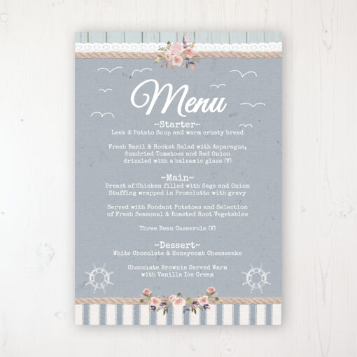 Anchored in Love Wedding Menu Card Personalised to display on tables