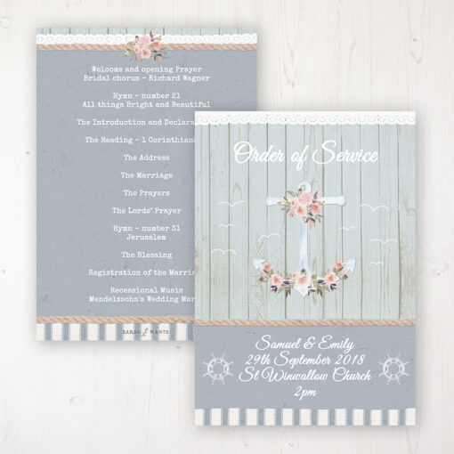 Anchored in Love Wedding Order of Service - Card Personalised front and back