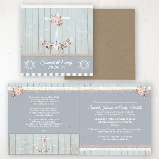 Anchored in Love Wedding Invitation - Folded Personalised Front & Back with Pocket in inside cover. Includes Rustic Envelope