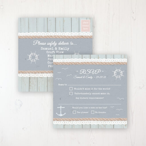 Anchored in Love Wedding RSVP Postcard Personalised Front & Back