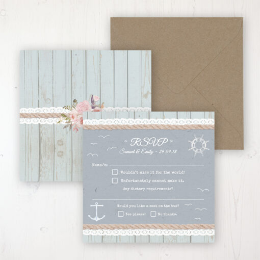 Anchored in Love Wedding RSVP Personalised Front & Back with Rustic Envelope