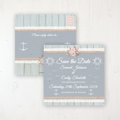 Anchored in Love Wedding Save the Date Postcard Personalised Front & Back