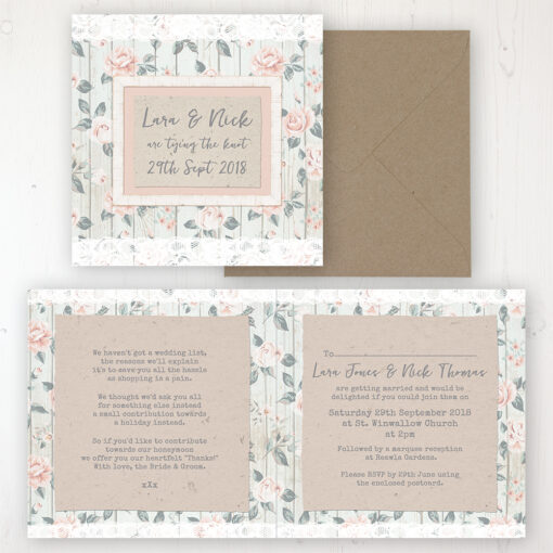 Apricot Sunrise Wedding Invitation - Folded Personalised Front & Back with Rustic Envelope