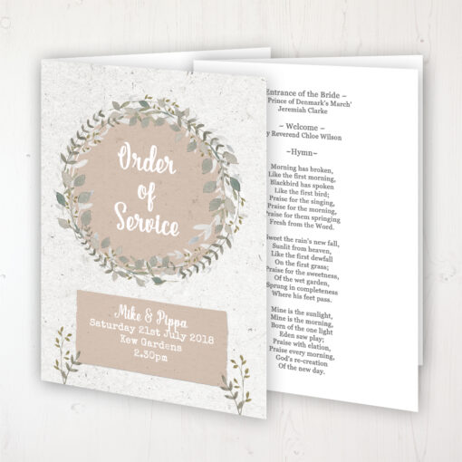 Botanical Garden Wedding Order of Service - Booklet Personalised Front & Inside Pages