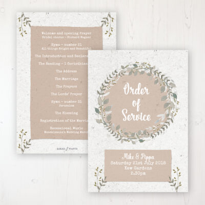 Botanical Garden Wedding Order of Service - Card Personalised front and back