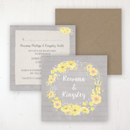 Buttercup Flutter Wedding Invitation - Flat Personalised Front & Back with Rustic Envelope