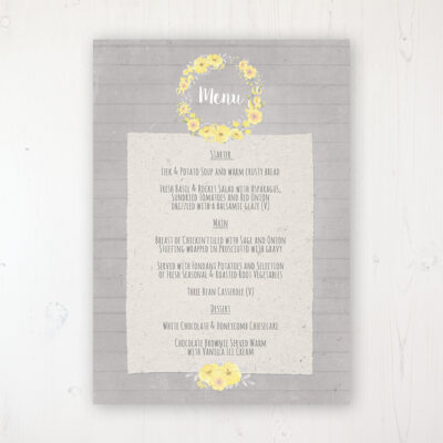 Buttercup Flutter Wedding Menu Card Personalised to display on tables