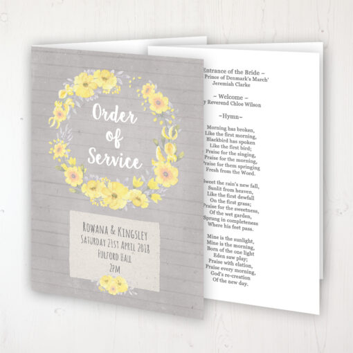 Buttercup Flutter Wedding Order of Service - Booklet Personalised Front & Inside Pages