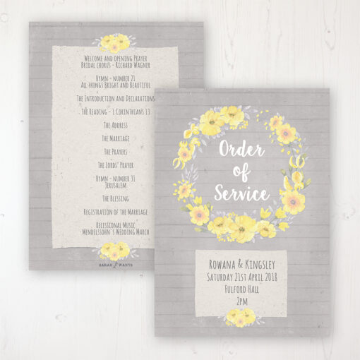 Buttercup Flutter Wedding Order of Service - Card Personalised front and back
