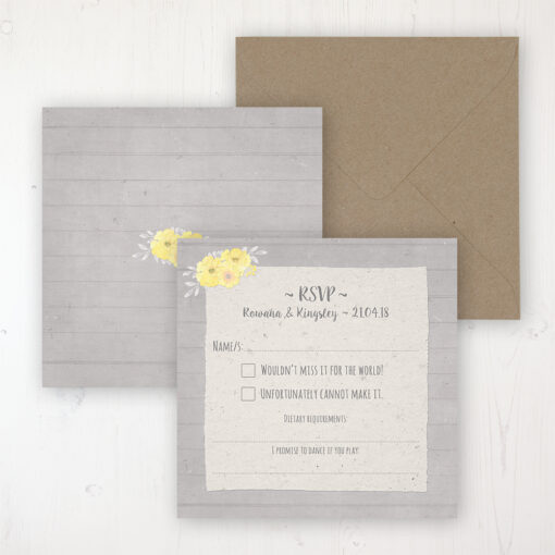 Buttercup Flutter Wedding RSVP Personalised Front & Back with Rustic Envelope