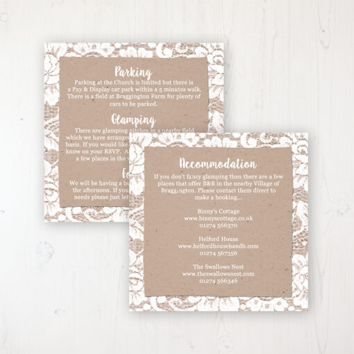 Chantilly Lace Wedding Info Insert Card Personalised Front & Back