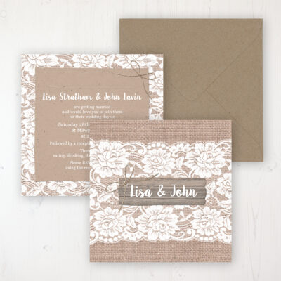 Chantilly Lace Wedding Invitation - Flat Personalised Front & Back with Rustic Envelope