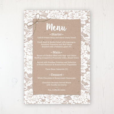 Chantilly Lace Wedding Menu Card Personalised to display on tables