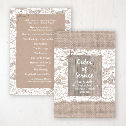 Chantilly Lace Wedding Order of Service - Card Personalised front and back