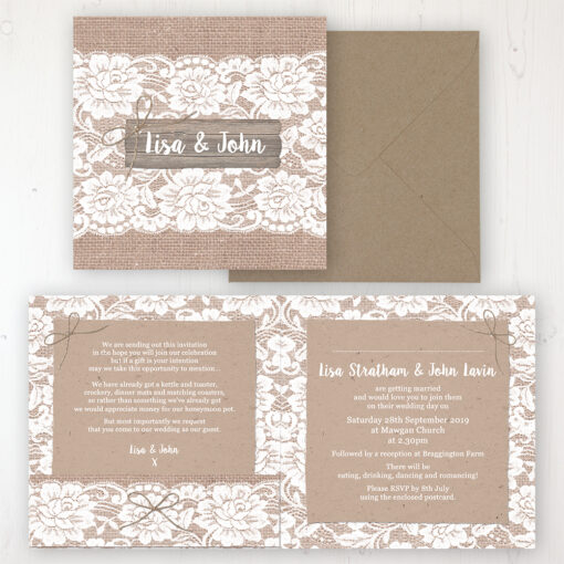 Chantilly Lace Wedding Invitation - Folded Personalised Front & Back with Pocket in inside cover. Includes Rustic Envelope