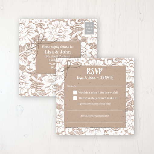 Chantilly Lace Wedding RSVP Postcard Personalised Front & Back