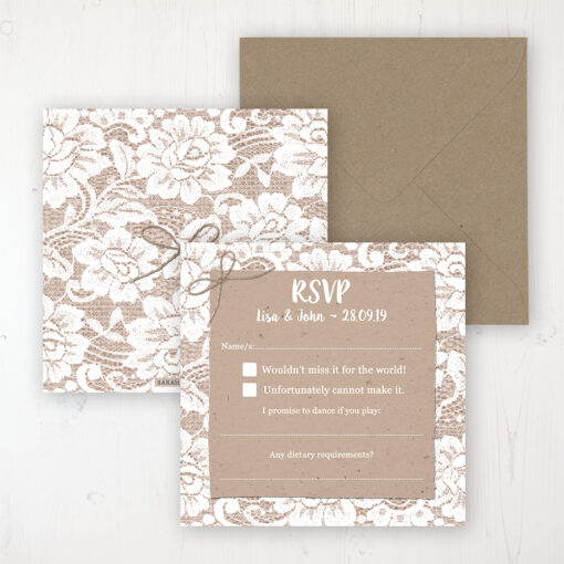 Chantilly Lace Wedding RSVP Personalised Front & Back with Rustic Envelope