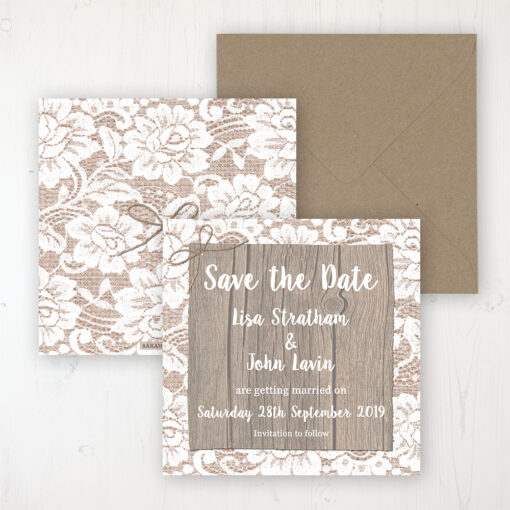 Chantilly Lace Wedding Save the Date Personalised Front & Back with Rustic Envelope
