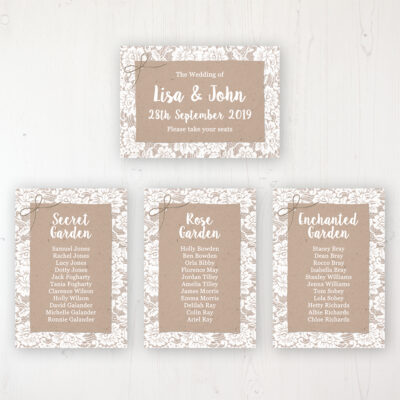 Chantilly Lace Wedding Table Plan Cards Personalised with Table Names and Guest Names