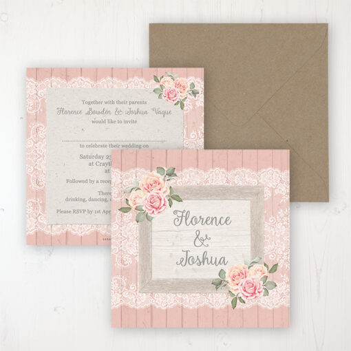 Coral Haze Wedding Invitation - Flat Personalised Front & Back with Rustic Envelope