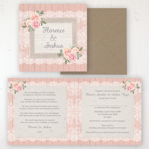 Coral Haze Wedding Invitation - Folded Personalised Front & Back with Rustic Envelope