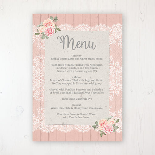 Coral Haze Wedding Menu Card Personalised to display on tables