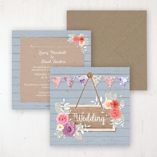 Cornflower Meadow Wedding Invitation - Flat Personalised Front & Back with Rustic Envelope