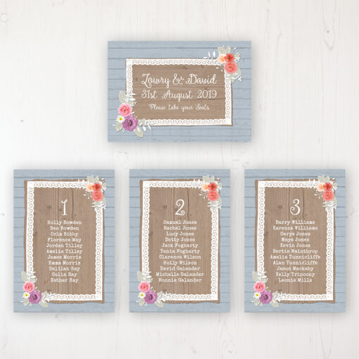 Cornflower Meadow Wedding Table Plan Cards Personalised with Table Names and Guest Names
