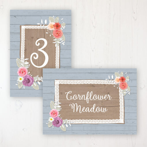 Cornflower Meadow Wedding Table Name & Number Personalised Table Name Card and Number Card