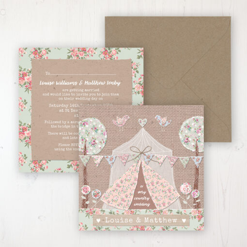Country Wedding Invitation - Flat Personalised Front & Back with Rustic Envelope