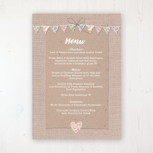 Country Wedding Menu Card Personalised to display on tables