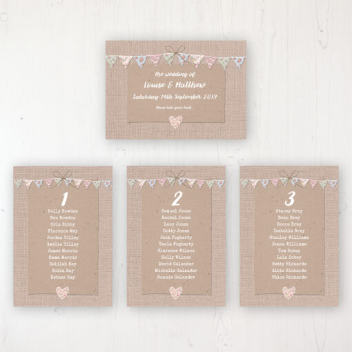 Country Wedding Table Plan Cards Personalised with Table Names and Guest Names