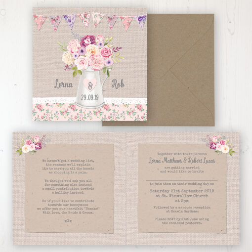 Floral Blooms Wedding Invitation - Folded Personalised Front & Back with Rustic Envelope