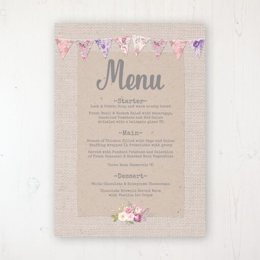 Floral Blooms Wedding Menu Card Personalised to display on tables