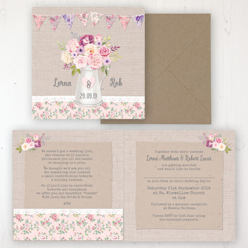 Floral Blooms Wedding Invitation - Folded Personalised Front & Back with Pocket in inside cover. Includes Rustic Envelope