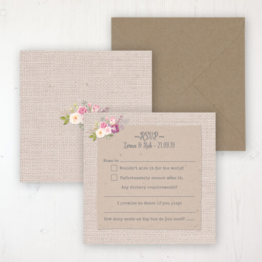 Floral Blooms Wedding RSVP Personalised Front & Back with Rustic Envelope