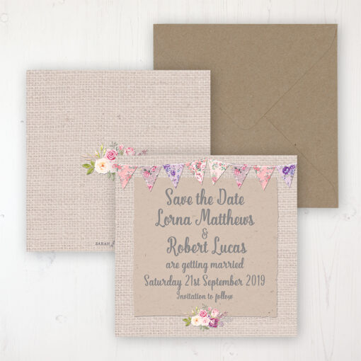 Floral Blooms Wedding Save the Date Personalised Front & Back with Rustic Envelope