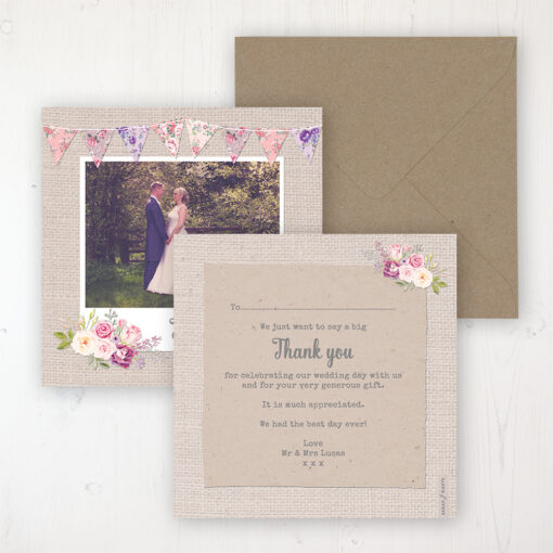 Floral Blooms Wedding Thank You Card - Flat Personalised with a Message & Photo