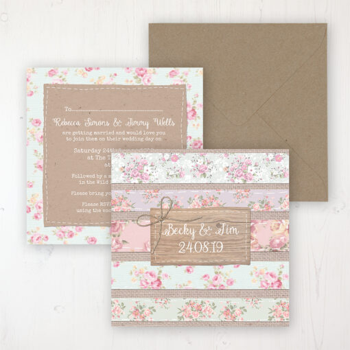 Floral Furrows Wedding Invitation - Flat Personalised Front & Back with Rustic Envelope