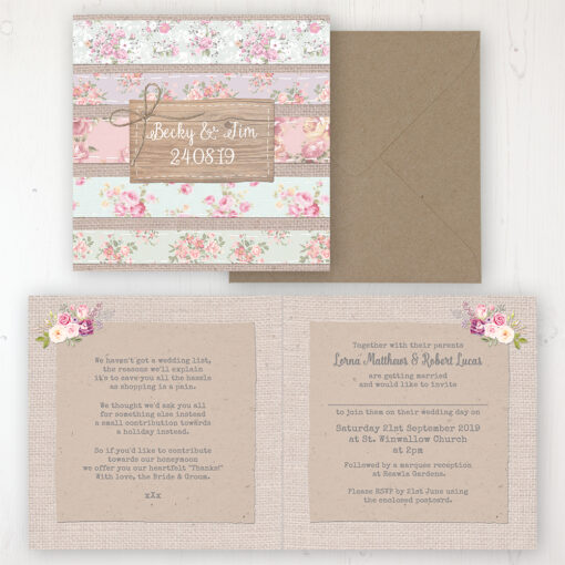 Floral Furrows Wedding Invitation - Folded Personalised Front & Back with Rustic Envelope