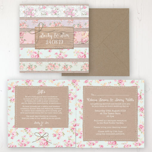 Floral Furrows Wedding Invitation - Folded Personalised Front & Back with Pocket in inside cover. Includes Rustic Envelope