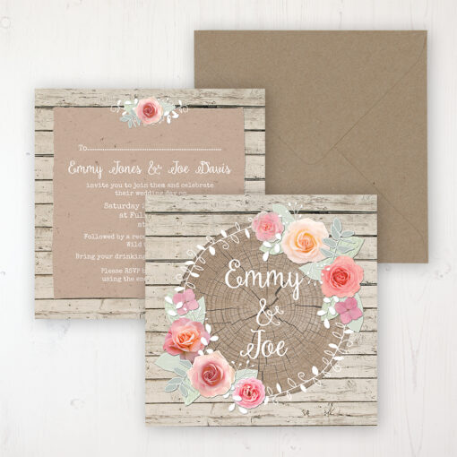 Flower Crown Wedding Invitation - Flat Personalised Front & Back with Rustic Envelope