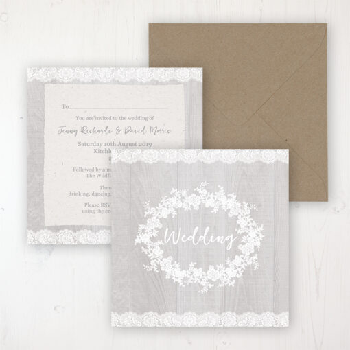 Grey Whisper Wedding Invitation - Flat Personalised Front & Back with Rustic Envelope