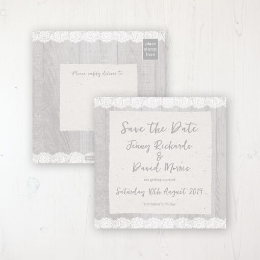 Grey Whisper Wedding Save the Date Postcard Personalised Front & Back