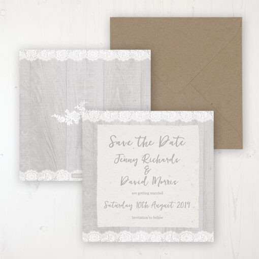 Grey Whisper Wedding Save the Date Personalised Front & Back with Rustic Envelope