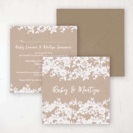 Lace Filigree Wedding Invitation - Flat Personalised Front & Back with Rustic Envelope