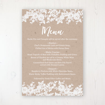 Lace Filigree Wedding Menu Card Personalised to display on tables
