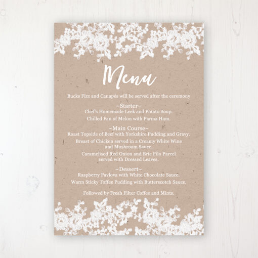 Lace Filigree Wedding Menu Card Personalised to display on tables