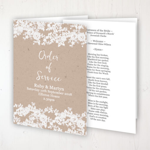Lace Filigree Wedding Order of Service - Booklet Personalised Front & Inside Pages